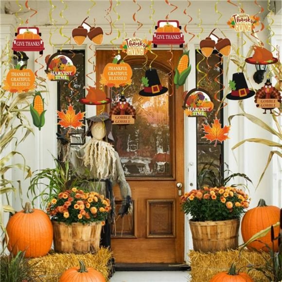 34 Pcs Fall Thanksgiving Hanging Swirls Ceiling Decor - Fall Maple Acorn Pumpkin - Picture 2 of 7